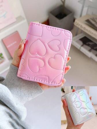 1pc Women's Short Zipper Wallet With Heart Pattern, Coin Pouch, Zipper Card Holder, Multipurpose Card Slots, Credit Card/ID/Key Compartment, Compact Cash Wallet