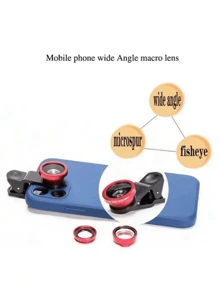 1pc 3-In-1 Portable Phone Camera Lens Kit With Fish-Eye And Wide-Angle Lens, Clip-On For Mobile Phones (Color Random)