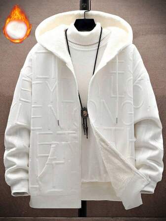 男士长袖休闲字母提花保暖外套，时尚纯色羊羔绒白色，适合秋冬季穿着