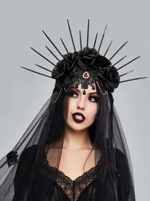 1pc Gothic Rose Crown Vintage Wedding Veil Headband For Halloween Bridal Costume Halloween Valentine's Day Valentines