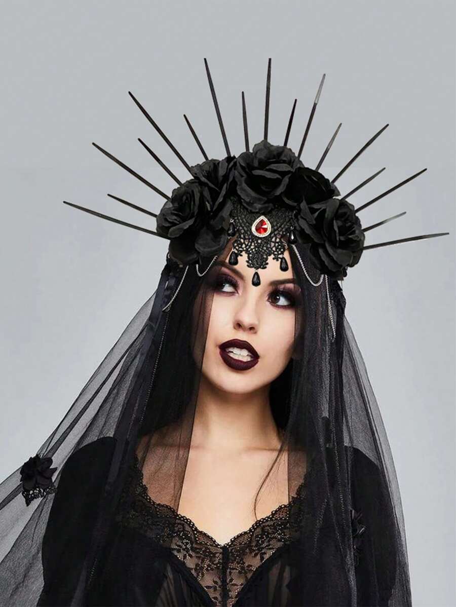 1pc Gothic Rose Crown Vintage Wedding Veil Headband For Halloween Bridal Costume Halloween Valentine's Day Valentines