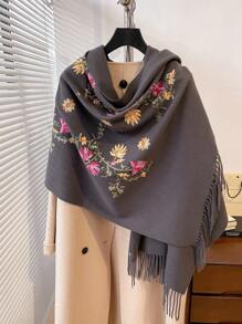 1 件女士仿羊绒花卉刺绣围巾，加厚保暖波西米亚风格流苏刺绣旅行披肩配饰女士冬秋 - 彩色 - 查看 11