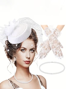 1 套女士经典时尚人造珍珠项链、蕾丝手套、发夹、迷你帽子和羽毛配饰装饰套装，多色可选，婚礼、派对、拍照、万圣节、圣诞节、生日礼物必备成年女性服装 - 彩色 - 查看 19