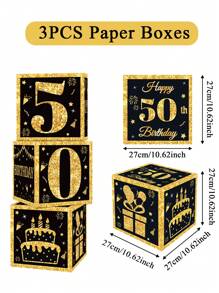 3 pièces Boîtes en papier noires et dorées, décoration de fête d'anniversaire 18e/30e/40e/50e/60e/70e/75e/80e, fournitures pour fête de 40/50/60 ans, décorations de fête d'anniversaire, boîtes décoratives pour fond de fête à la maison, décoration de fond de fête, accessoires photo, boîtes d'emballage cadeau