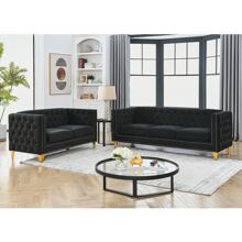 Velvet Living Room Sofa Set Of 2, Comfy Loveseat And 3 Seater Couch, Modern Sofa With Tufted Back And Rivet Decoration, Upholstered Long Couch With Solid Golden Metal Tapered Legs For Apartment, Office - màu đen - Xem 1