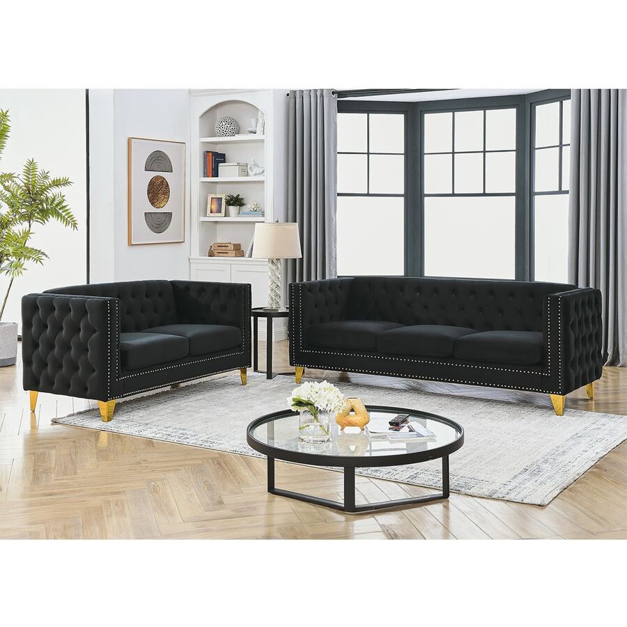 Velvet Living Room Sofa Set Of 2, Comfy Loveseat And 3 Seater Couch, Modern Sofa With Tufted Back And Rivet Decoration, Upholstered Long Couch With Solid Golden Metal Tapered Legs For Apartment, Office - màu đen - Xem 1