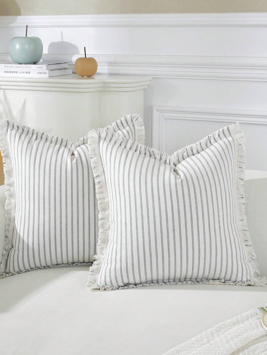 1pc Farmhouse Style Tassel Decorative Throw Pillow Cover - Light Grey - View 1