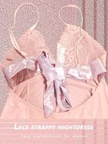 1pc Sexy See-Through Lace Splicing Lingerie Dress, Including T-Back Panty For Home Use For Going Out - Pink - View 7