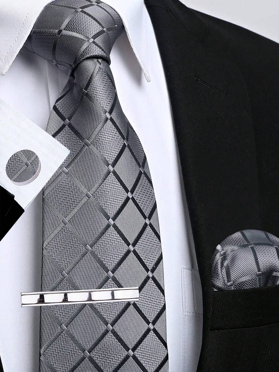 1 套男士 8 厘米深灰色格子领带、口袋巾、袖扣、领带夹优质高密度领带婚礼派对配饰男士领带 - 深灰色 - 查看 1