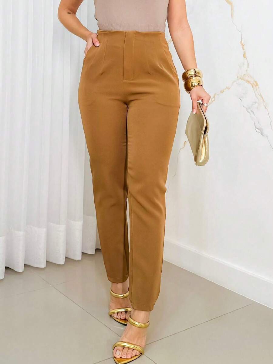 Simple Elegant Social Women's Tailored Pants With Zipper Bag - 棕色 - 查看 1