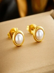 1 bộ Bông tai ngọc trai tròn bằng thép không gỉ mạ vàng, Bộ trang sức vòng tay và vòng cổ - Nhiều màu - Xem 3