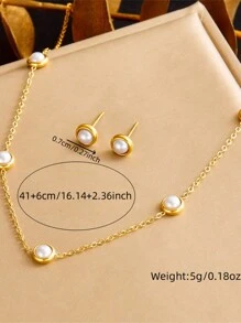 1 bộ Bông tai ngọc trai tròn bằng thép không gỉ mạ vàng, Bộ trang sức vòng tay và vòng cổ - Nhiều màu - Xem 5