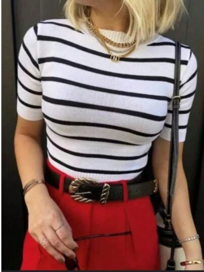 Blusa Listrada Manga Curta Luxo Modal Alta Elasticidade