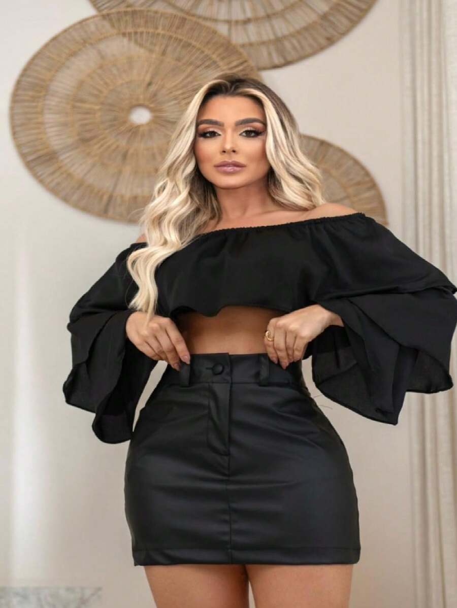 HIGH WAIST  LEATHER SKIRT - 黑色 - 查看 1