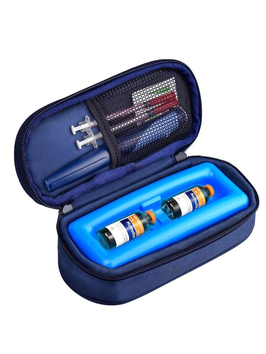 Estuche refrigerador de viaje para vial de insulina, bolsa térmica portátil para mantener los suministros frescos, estuche protector pequeño para botellas para almacenamiento, mini paquete portátil con herramienta de bloque de hielo protector - Azul Marino - Ver 1
