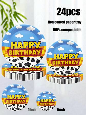 Juego de 24 piezas hecho de varios materiales, que incluye platos de papel desechables, platos de papel con temática de animación, platos de papel con temática de cielo y nubes, platos de papel de 7 pulgadas, platos de cartón de 9 pulgadas, platos desechables para fiestas, decoraciones navideñas, regalos y decoraciones navideñas
