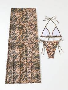 Set de 3 piese bikini sexy imprimat pentru damă, cu bretele, stil dulce pentru plajă, ocazional, pentru vacanță, costume de baie de vară - Imprimeu maro leopard - Vizualizare 8
