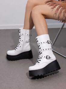 DREAM PAIRS Women's Platform Mid-Calf Boots Cyberpunk Combat Style Multiple Buckle Straps Round Toe Side Zipper Anti-Slip Thick Heel Outdoor Halloween Chunky Heel Music  Festival Party WHITE Boots - 黑與白 - 查看 4