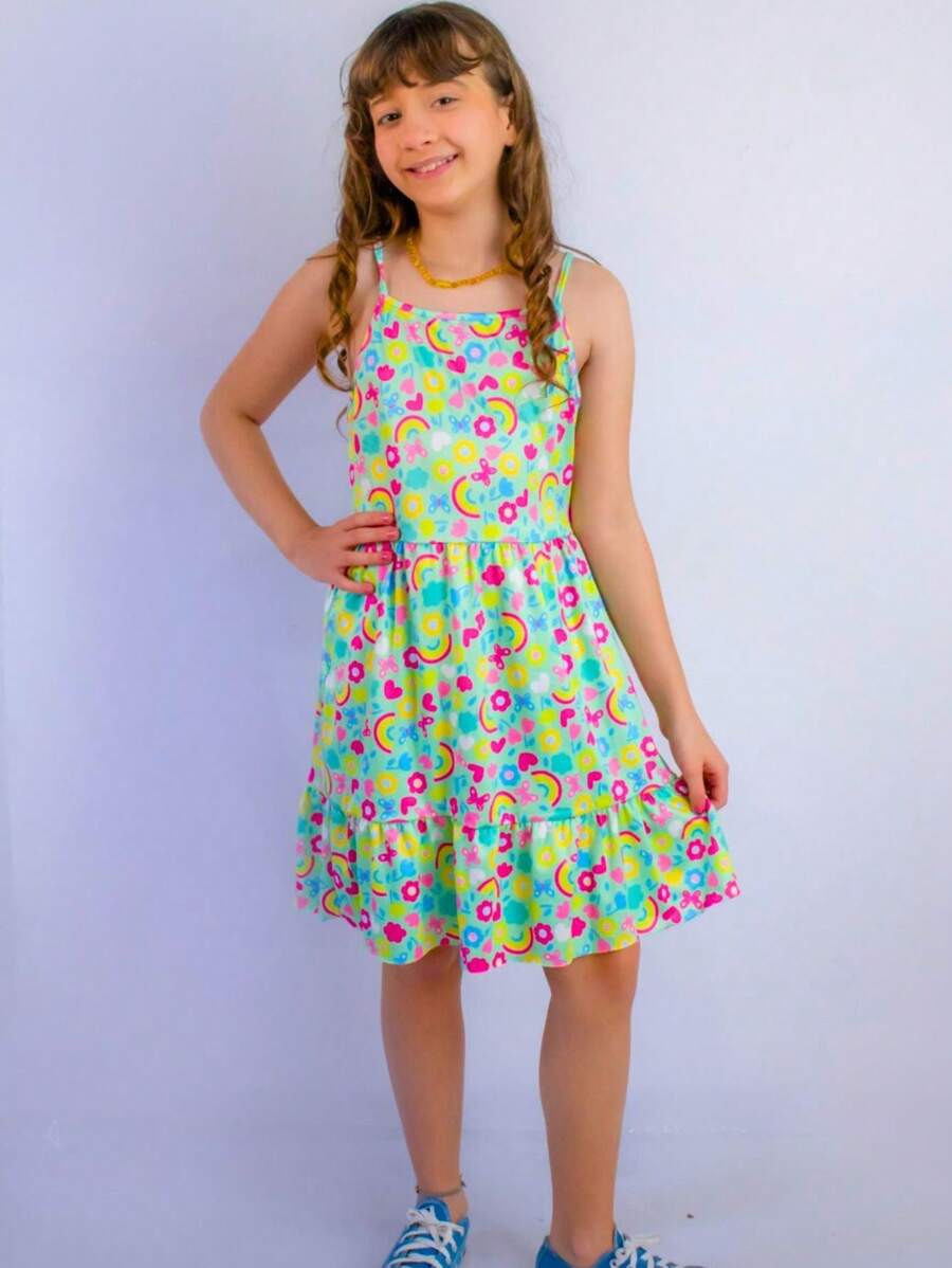 Children's Rainbow Print Crepe Dress For Girls Summer - 彩色 - 查看 1