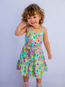 Children's Rainbow Print Crepe Dress For Girls Summer - 彩色 - 查看 5