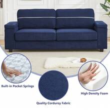 86.5″ Oversized Loveseat Sofa Couch, Deep Seat Sofa With Storage, Cup Holders & USB Charging Ports, Modern Corduroy 3 Seater Couch For Living Room Bedroom Apartment Small Space - Màu xanh lam - Xem 4