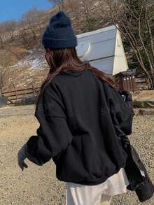 Gráfica Letra Dropped Shoulder Oversized Pullover - 黑色 - 查看 2