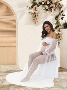 孕妇露肩袖网纱波点连衣裙透视礼服，适合春季拍摄，白色 - 白色 - 查看 5