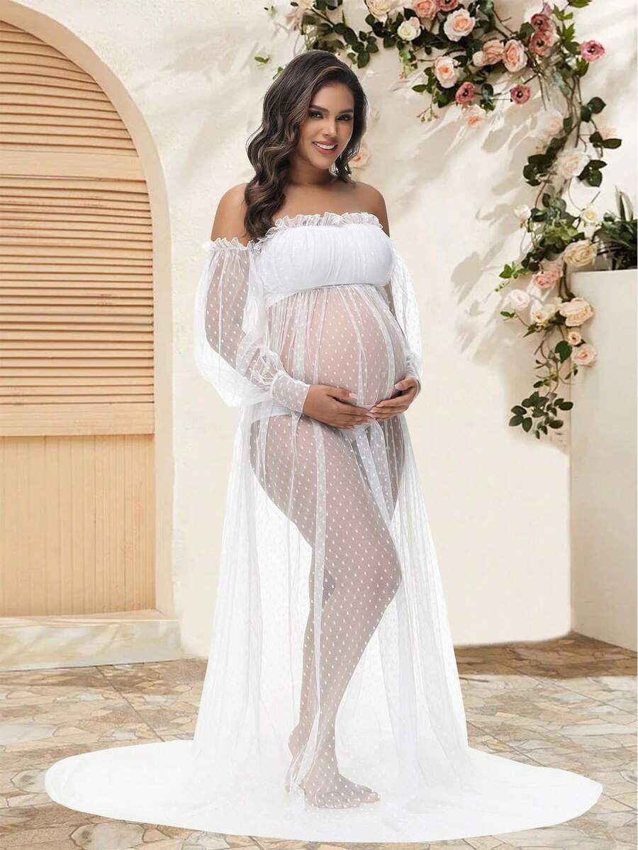 孕妇露肩袖网纱波点连衣裙透视礼服，适合春季拍摄，白色 - 白色 - 查看 1