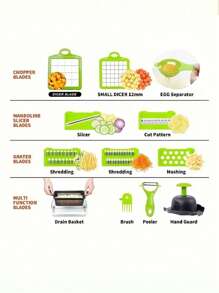 16 pièces Kit de trancheuse à légumes complet, Hachoir multifonction de cuisine, Préparateur de salade, Râpe manuelle à légumes avec récipient, Lames interchangeables pour oignon, pomme de terre, Ustensiles de cuisine, Accessoires de cuisine, Idéal pour les fêtes, les vacances, les anniversaires