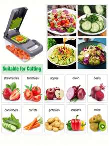 16 pièces Kit de trancheuse à légumes complet, Hachoir multifonction de cuisine, Préparateur de salade, Râpe manuelle à légumes avec récipient, Lames interchangeables pour oignon, pomme de terre, Ustensiles de cuisine, Accessoires de cuisine, Idéal pour les fêtes, les vacances, les anniversaires