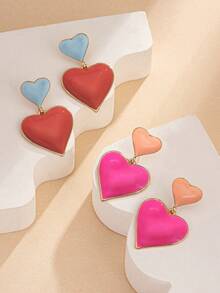 1 对时尚珐琅电镀双心形吊坠耳环，适合女性日常、节日、派对和度假、礼品珠宝配饰 - 耳環 - 查看 13