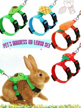 1 SET/2 Paquetes/3 Paquetes Arnés y correa ajustable para conejo, diseños con formas de fruta como fresa y zanahoria, chaleco con correa adorable para entrenamiento, paseo y tiempo libre de conejos, hurones y mascotas pequeñas