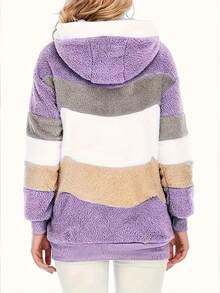 Furry Colorblock Hooded Oversized Jacket For Women, Autumn/Winter Casual - Purple - View 4