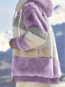 Furry Colorblock Hooded Oversized Jacket For Women, Autumn/Winter Casual - Purple - View 6