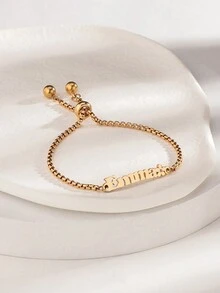 1pc 跨境DIY创意个性名字定制钻石镶嵌花朵镂空英文字母弹力手链不锈钢手饰，电镀工艺18k金不锈钢手链，含精美礼盒，适合恋人、朋友、亲戚、父母、节日礼物 - 金色 - 查看 4