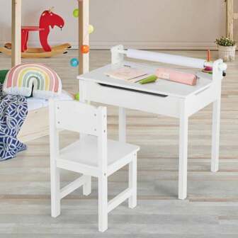 Kindertafel met stoel, schildertafel met papierrol en stift, opklapbare kinderzithoek met opbergruimte, multifunctionele kindertafel om te schilderen, spelen, eten voor kinderkamers (wit)