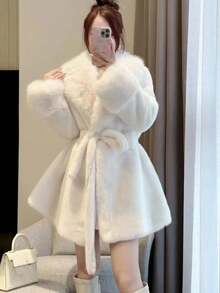 女士纯色长袖仿毛领系腰圣诞外套休闲白色冬季 - 白色 - 查看 6