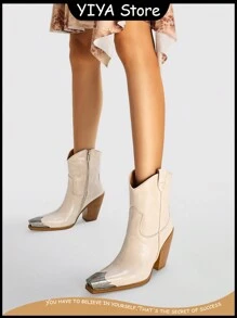 YIYA Engraved Metal Toe Western Boots For Woman Chunky Heel Cowgirl Booties Side Zip Ankle Western Boots - 杏色 - 查看 2