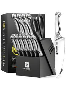 WIZEKA Kitchen Knife Set With Block,15PCS German Stainless Steel Knife Block Set,One-Piece Design Knives Set For Kitchen, Professional Knife Set With Built-In Sharpener,Starry Sky Series - 15-piece set - View 1