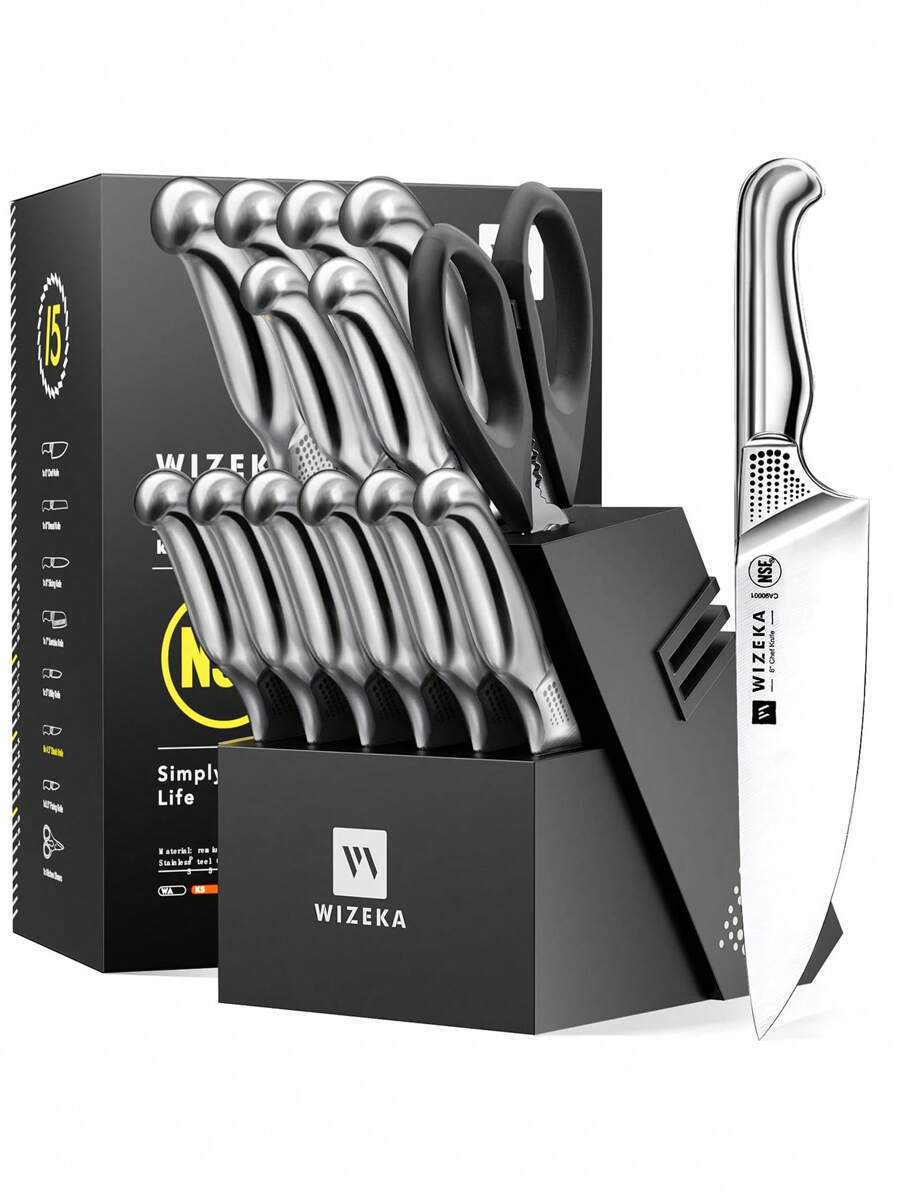 WIZEKA Kitchen Knife Set With Block,15PCS German Stainless Steel Knife Block Set,One-Piece Design Knives Set For Kitchen, Professional Knife Set With Built-In Sharpener,Starry Sky Series - 15-piece set - View 1