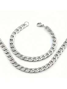 2 件/套男女通用不锈钢链式项链和手链组合 - 大胆叛逆的嘻哈朋克摇滚 NK 情侣首饰 - 銀色 - 查看 11