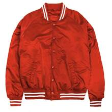 Men Solid Varsity Bomber Jacket Waterproof Fall Winter Summer Lightweight All Season Striped Trim Slant Pockets Baseball Jacket Snap Button - Red - View 2