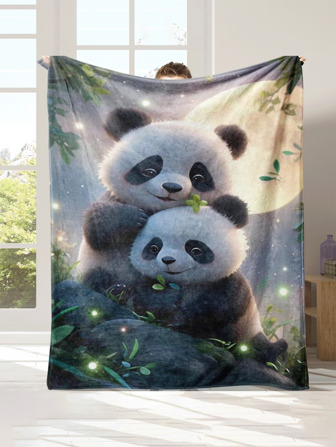 1pc Cute Panda Print Flannel Blanket, Sofa, Bed, Office, Shawl, Leg Cover, Outdoor Camping & Multi-Purpose Soft Cozy Blanket