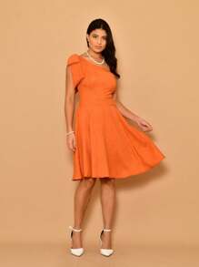 Short Luxury Lisa Duna Linen Dress With Bow One Shoulder - 橘色 - 查看 1