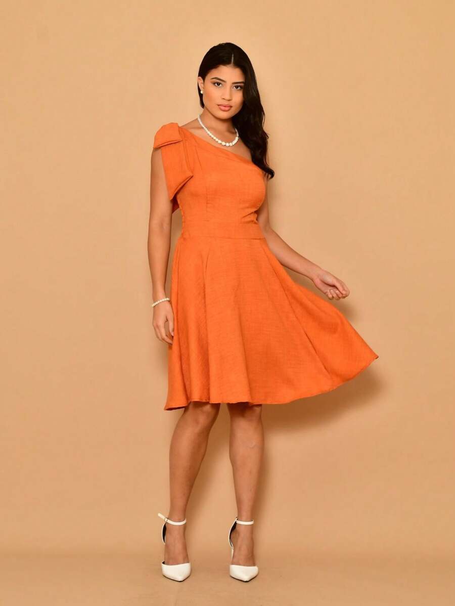 Short Luxury Lisa Duna Linen Dress With Bow One Shoulder - 橘色 - 查看 1