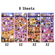 Decoración de Halloween El Día de los Muertos 4/8 hojas de pegatinas esponjosas de Halloween para niños, pegatinas 3D lindas de Halloween para manualidades, scrapbooking, diario y teléfono, que incluyen pegatinas de fantasma, calabaza, bruja, murciélago, araña y talla grande, decoración de Halloween