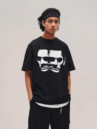 男士宽松休闲面部印花短袖圆领 T 恤，夏季时尚青少年上衣