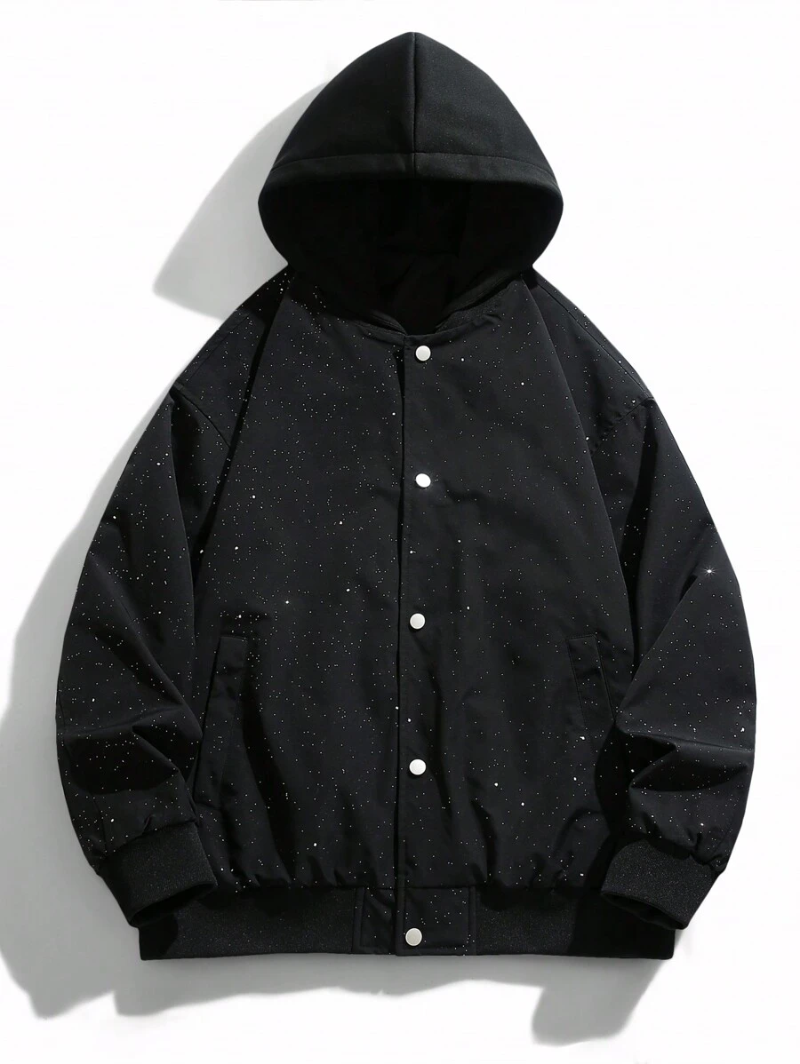 Men's Button Up Hooded Galaxy Print Casual Jacket - Black - View 1