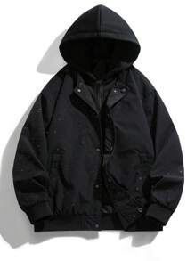 Men's Button Up Hooded Galaxy Print Casual Jacket - Black - View 3