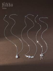 Hihho Bộ 3 mặt dây chuyền Cubic Zirconia thanh lịch có thiết kế hình giọt nước, nơ và hoa, Bộ quà tặng trang sức sang trọng cho phụ nữ ngày lễ tình nhân - Bạc - Xem 3